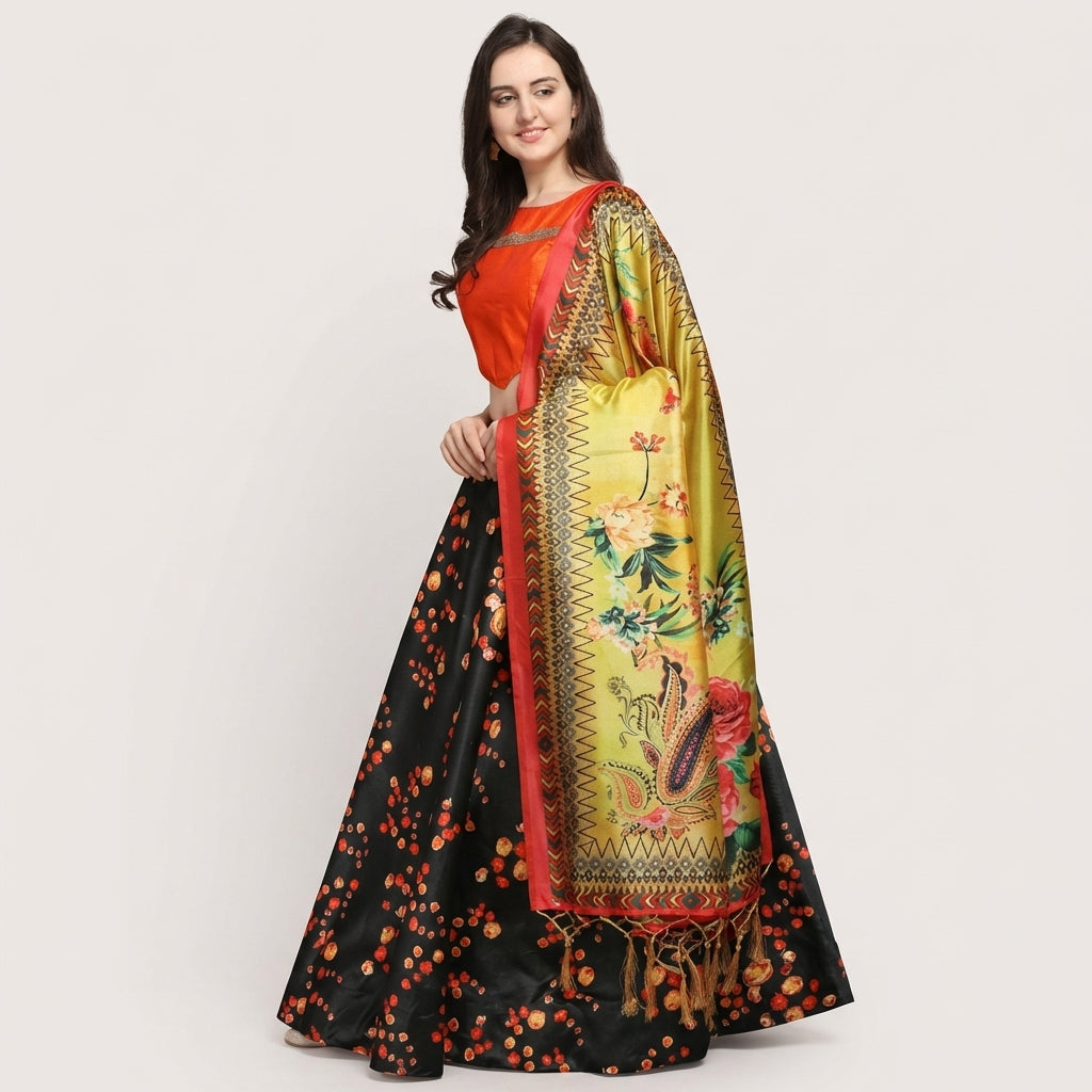 Black Satin Silk Blend Lehenga Choli with Digital Print & Soft Shiny Silk Dupatta