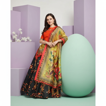 Black Satin Silk Blend Lehenga Choli with Digital Print & Soft Shiny Silk Dupatta