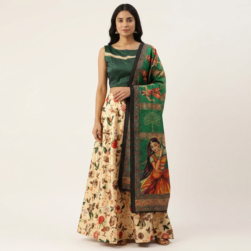 Designer Cream Satin Silk Blend Lehenga Choli with Digital Print & Glossy Dupatta