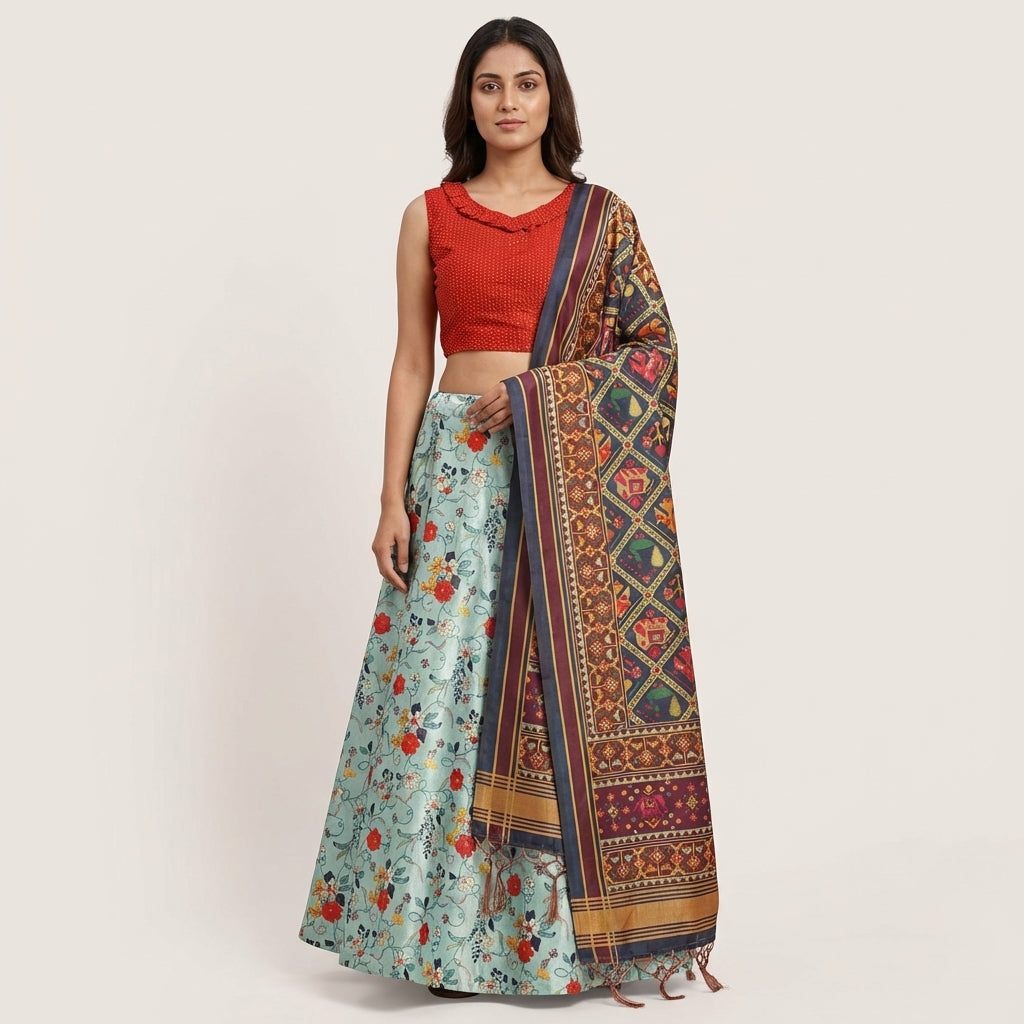 Sky Blue Satin Silk Anarkali Lehenga with Digital Ethnic Design