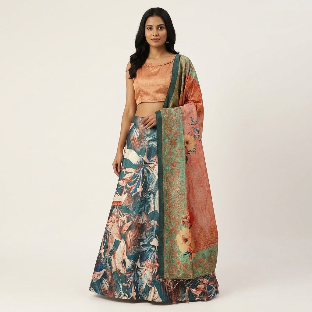 Blue Satin Silk Anarkali Lehenga with Rich Digital Prints