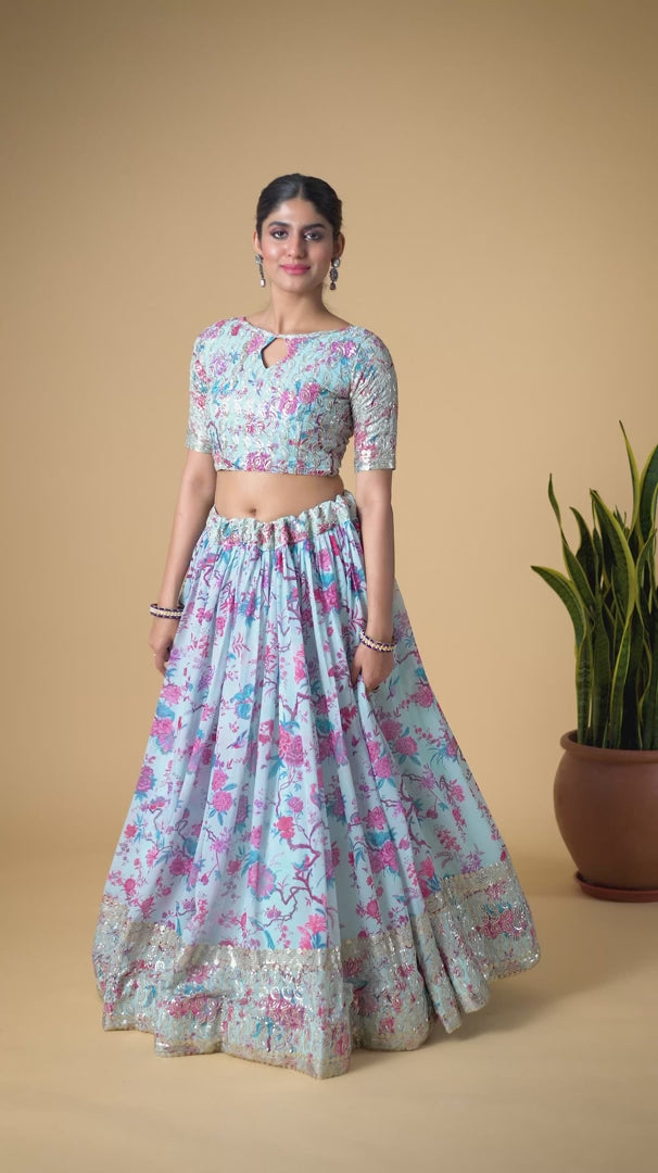 Sky Blue Floral Kalamkari Faux Georgette Lehenga Set with Zari Border