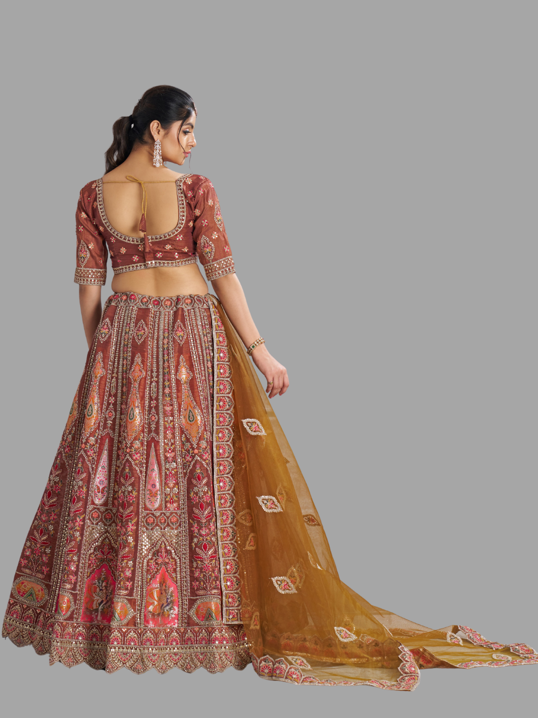 Designer coffee lehenga in Banarasi silk for festive glam