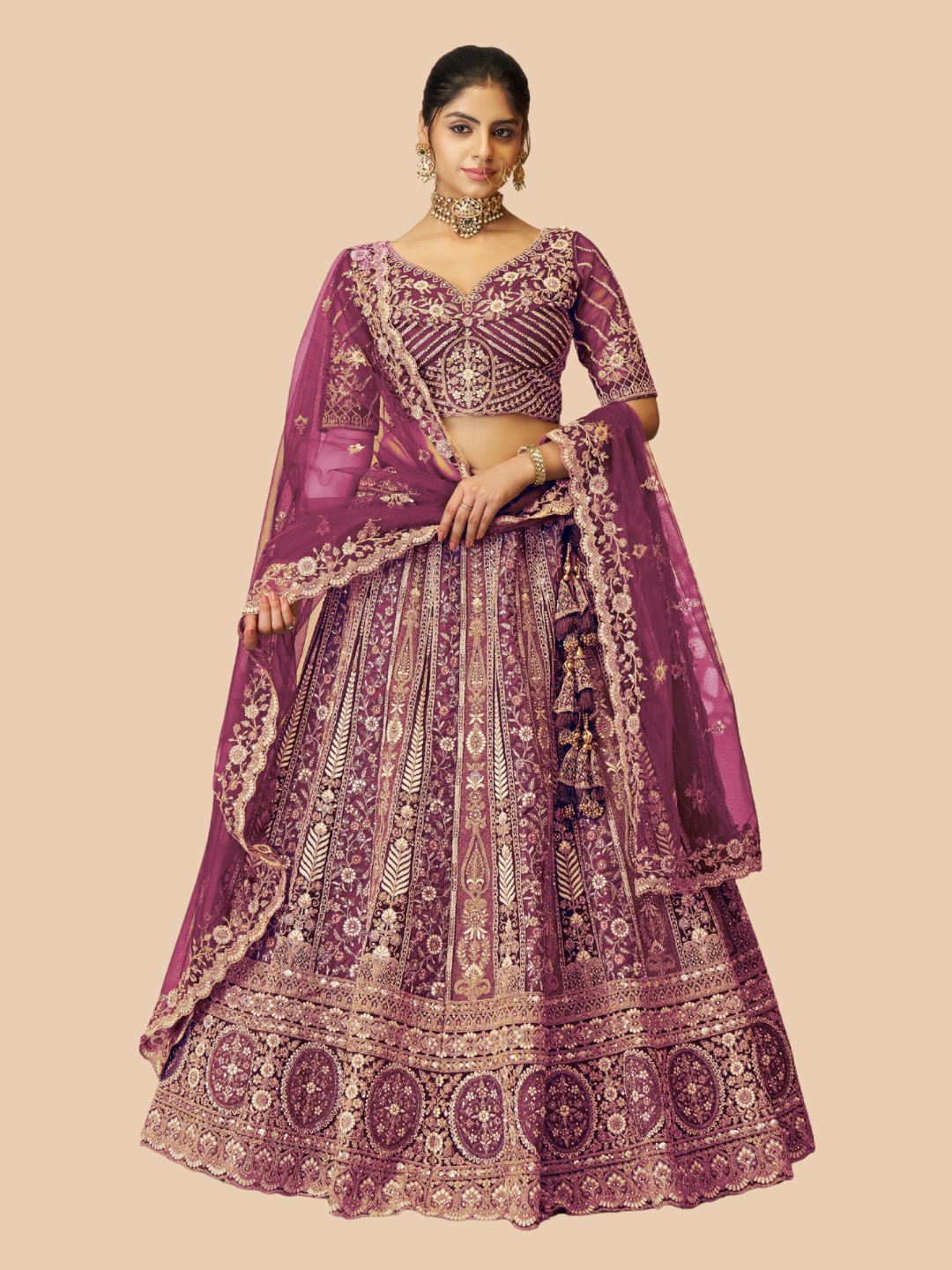 Deep purple lehenga in soft net for regal ethnic style