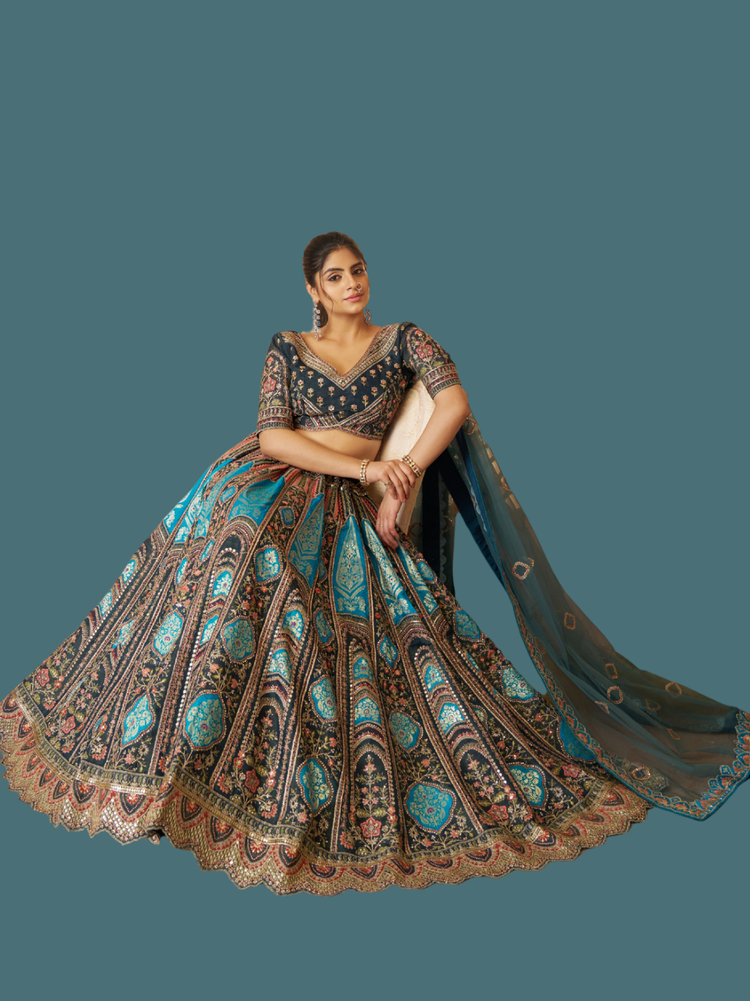 Royal Blue Banarasi Silk Semi-Stitched Lehenga with Net Dupatta