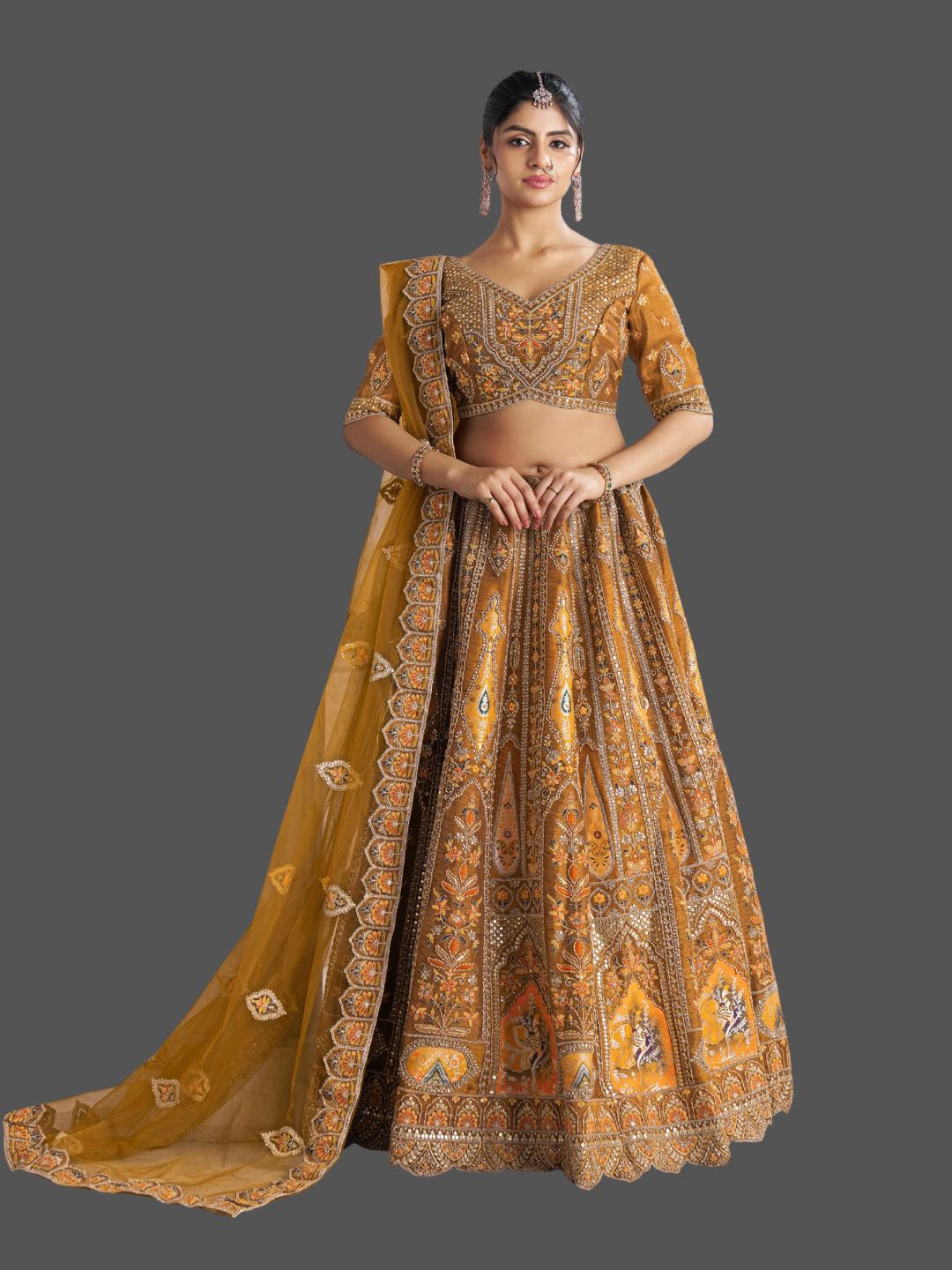 Vibrant mustard lehenga in Banarasi silk for festive flair