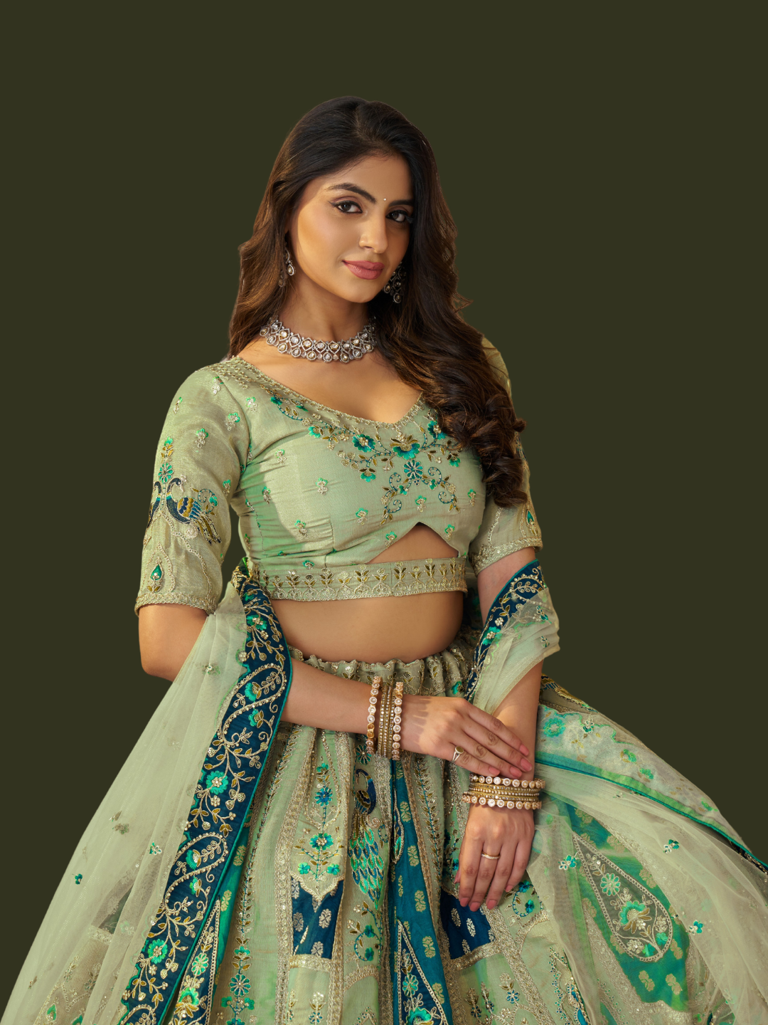 Fresh green Banarasi silk lehenga for vibrant ethnic style