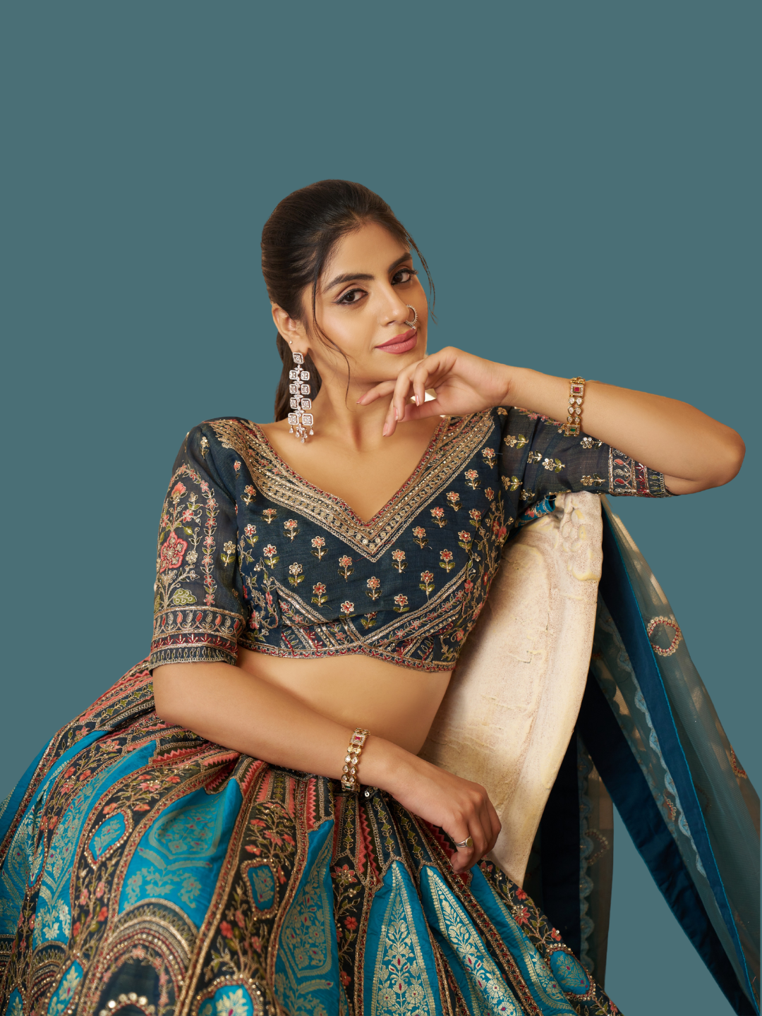 Royal Blue Banarasi Silk Semi-Stitched Lehenga with Net Dupatta