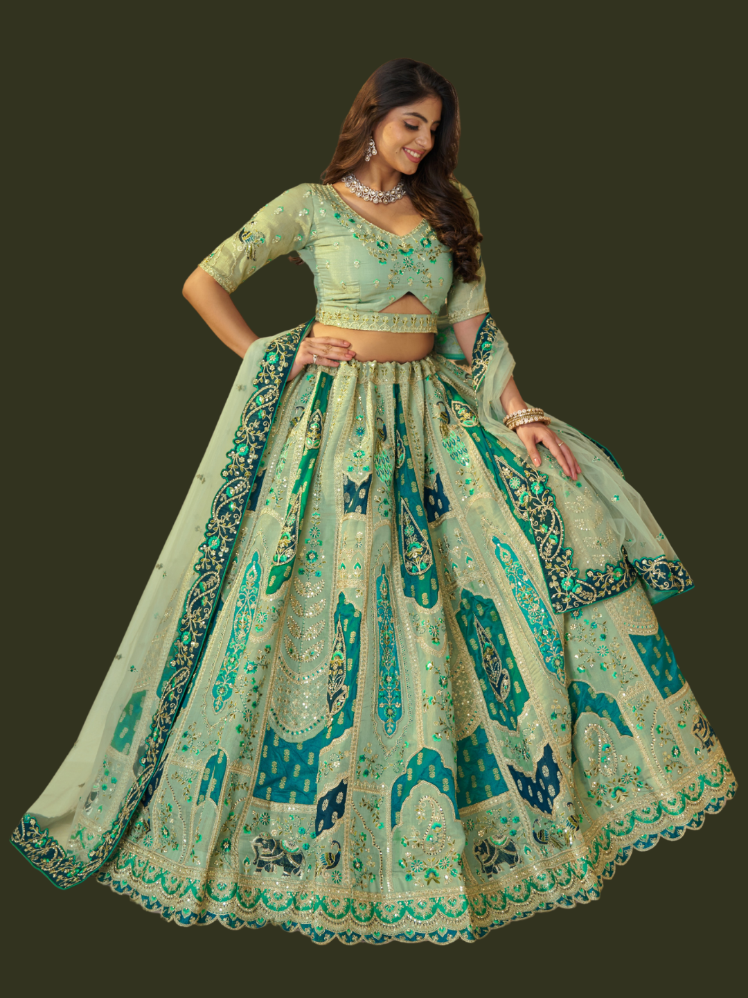 Fresh green Banarasi silk lehenga for vibrant ethnic style