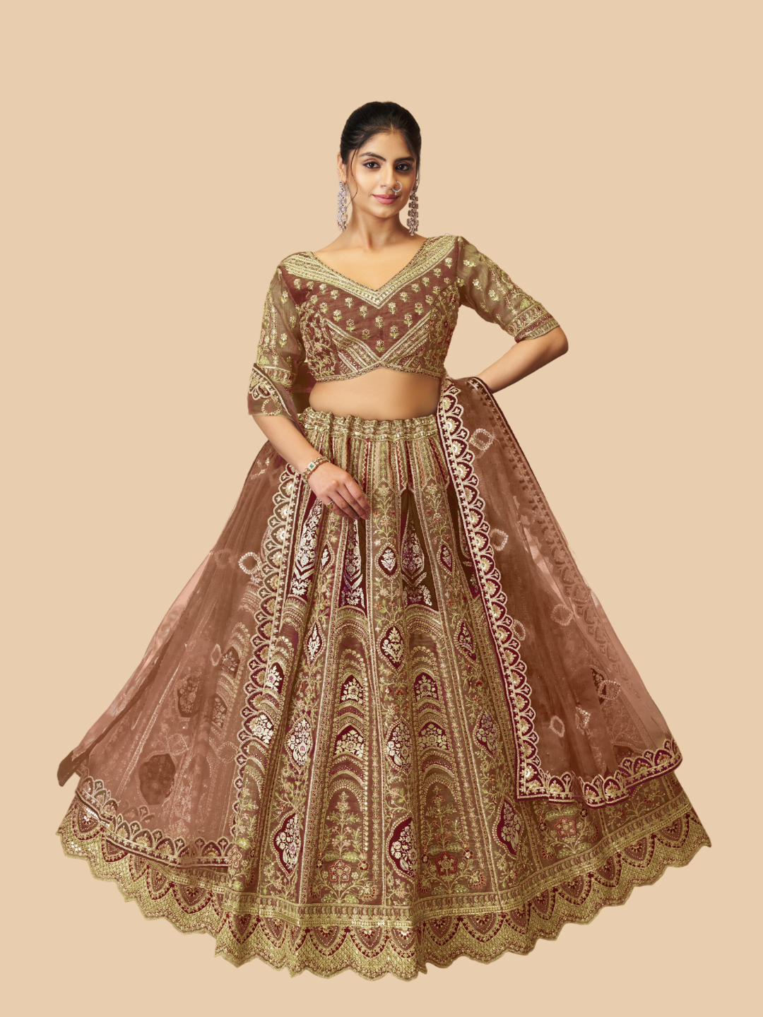Rich coffee hue lehenga in Banarasi silk for a bold ethnic look