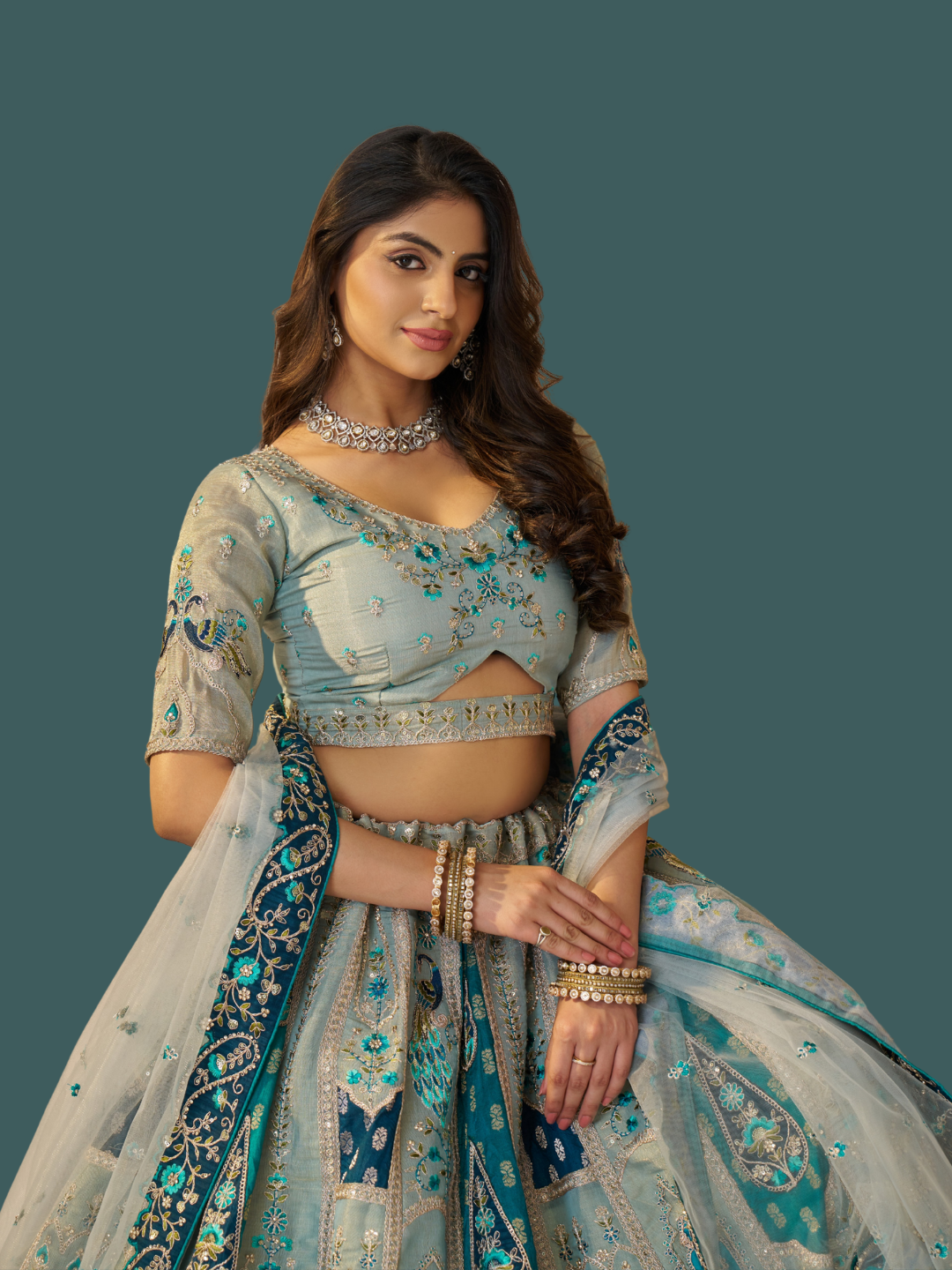 Sky blue Banarasi silk lehenga for ethnic charm