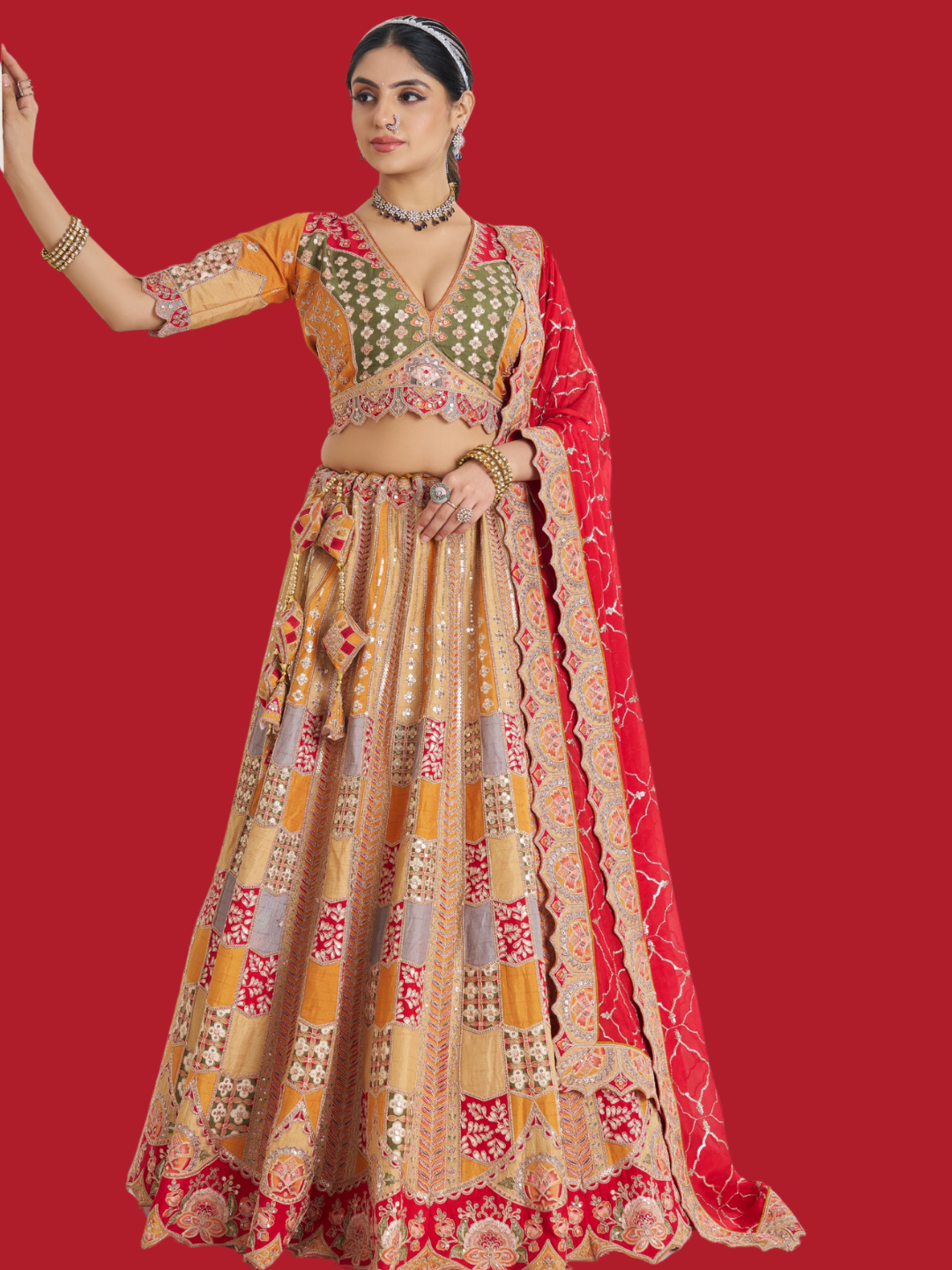 Mustard Dola silk lehenga with soft chinnon dupatta for festive grace