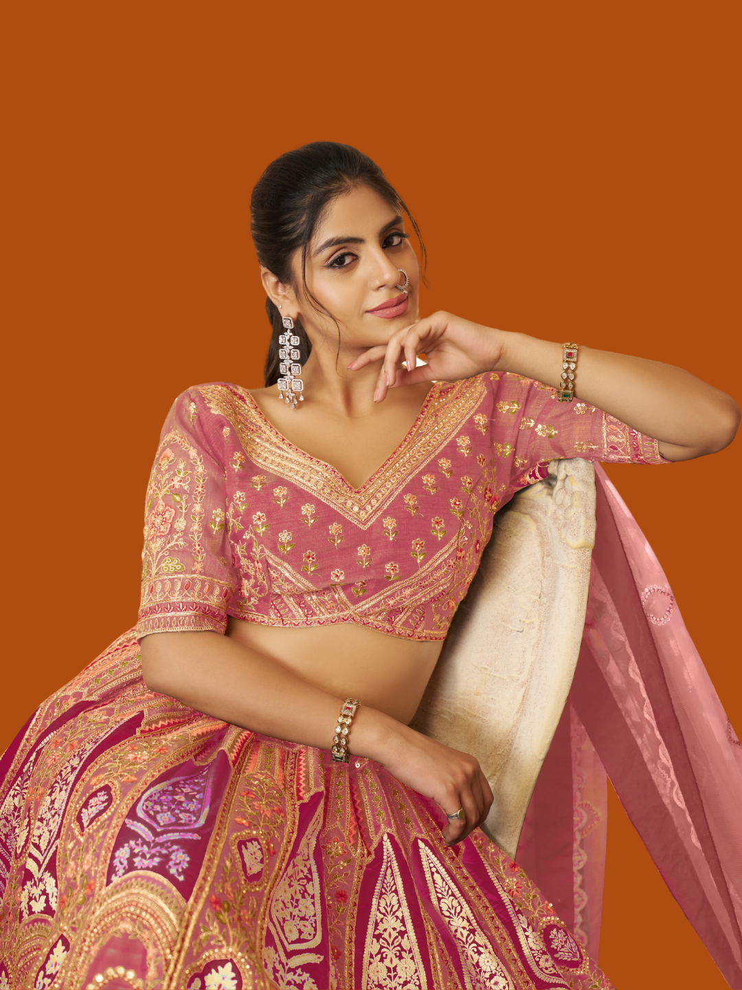 Elegant pink Banarasi silk lehenga for weddings and festive charm