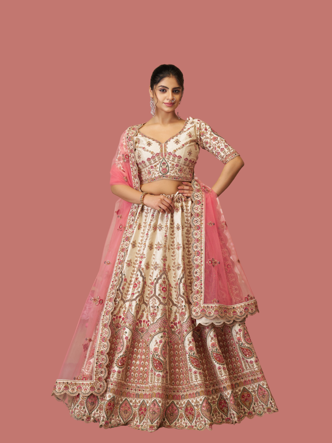 Elegant white silk lehenga for bridal and festive wear