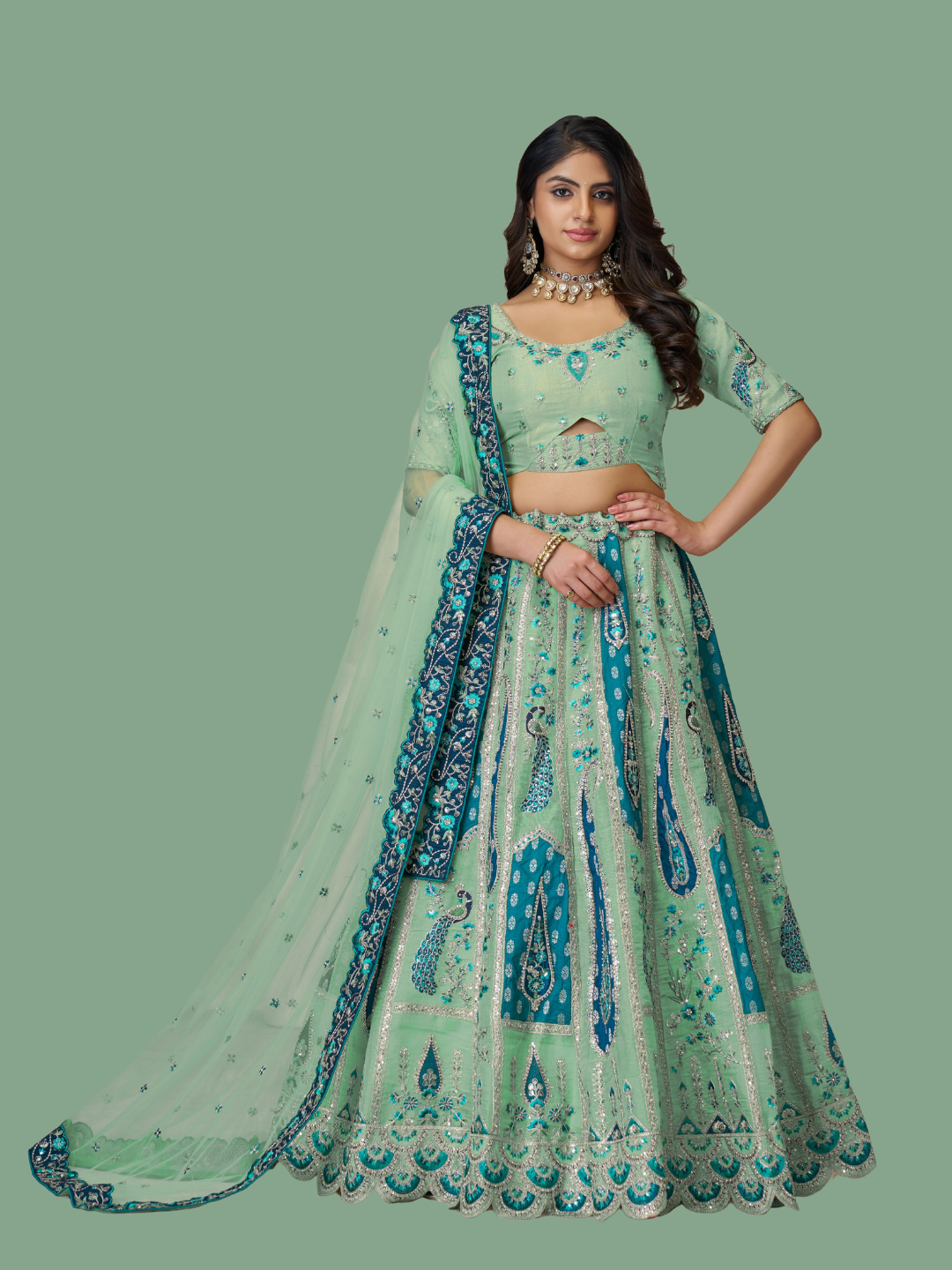 Sky blue Banarasi silk lehenga for ethnic charm