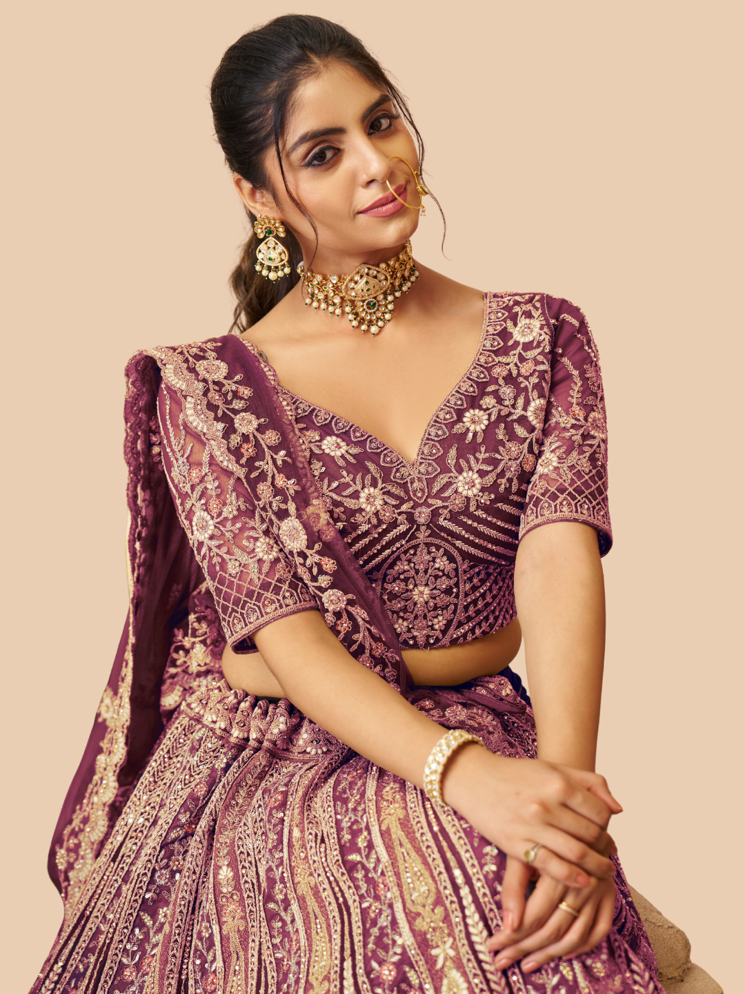 Deep purple lehenga in soft net for regal ethnic style