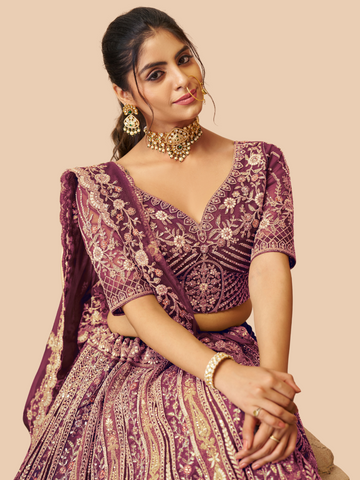 Deep purple lehenga in soft net for regal ethnic style