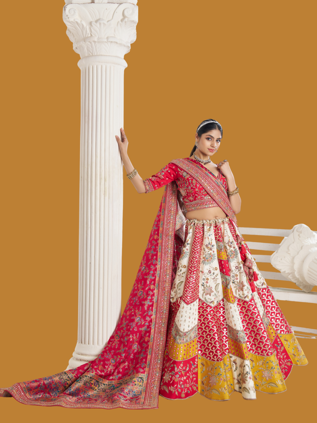 White Banarasi silk lehenga with jacquard dupatta for bridal elegance