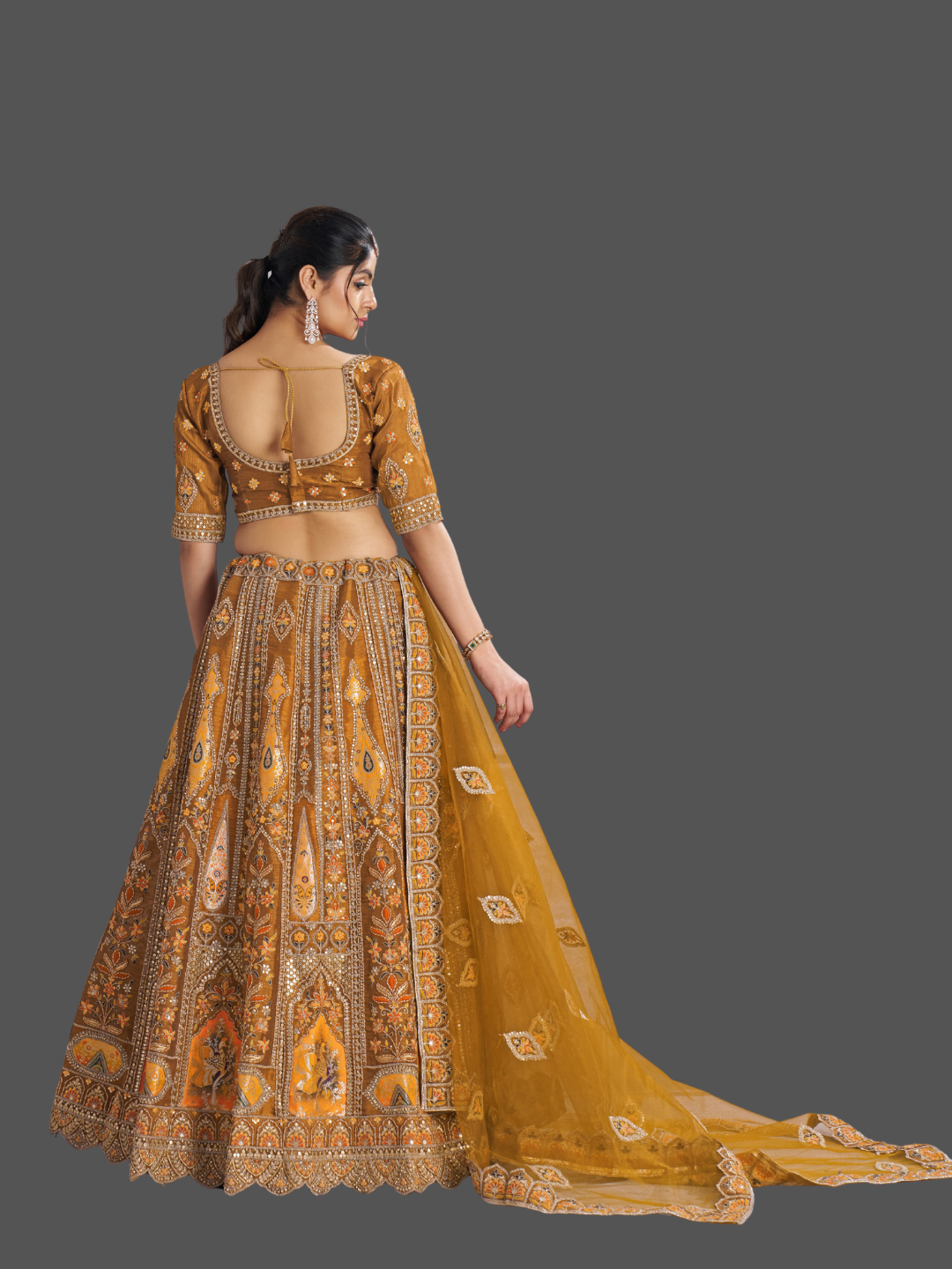 Vibrant mustard lehenga in Banarasi silk for festive flair