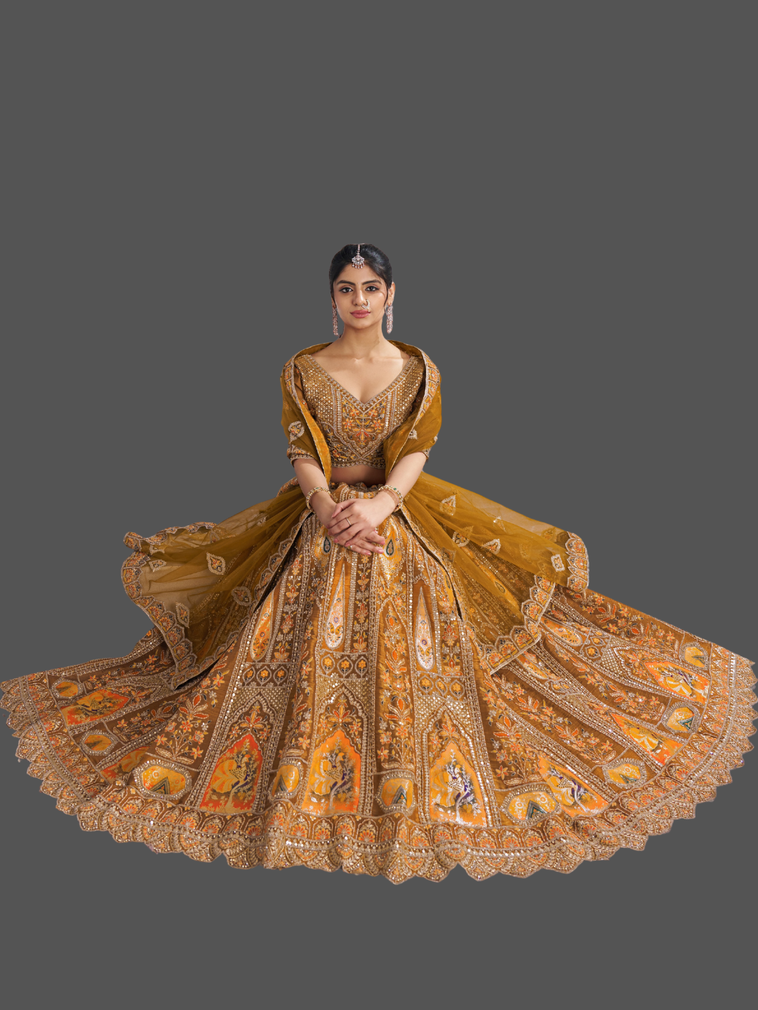 Vibrant mustard lehenga in Banarasi silk for festive flair