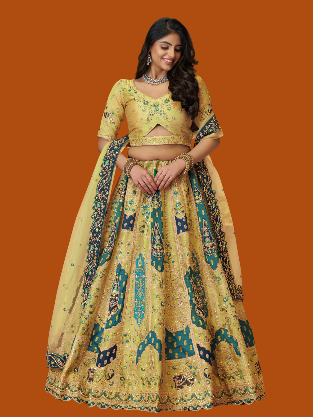 Sunny yellow Banarasi silk lehenga for joyful celebrations