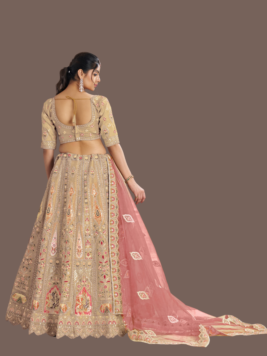 Graceful chiku lehenga in Banarasi silk for ethnic sophistication