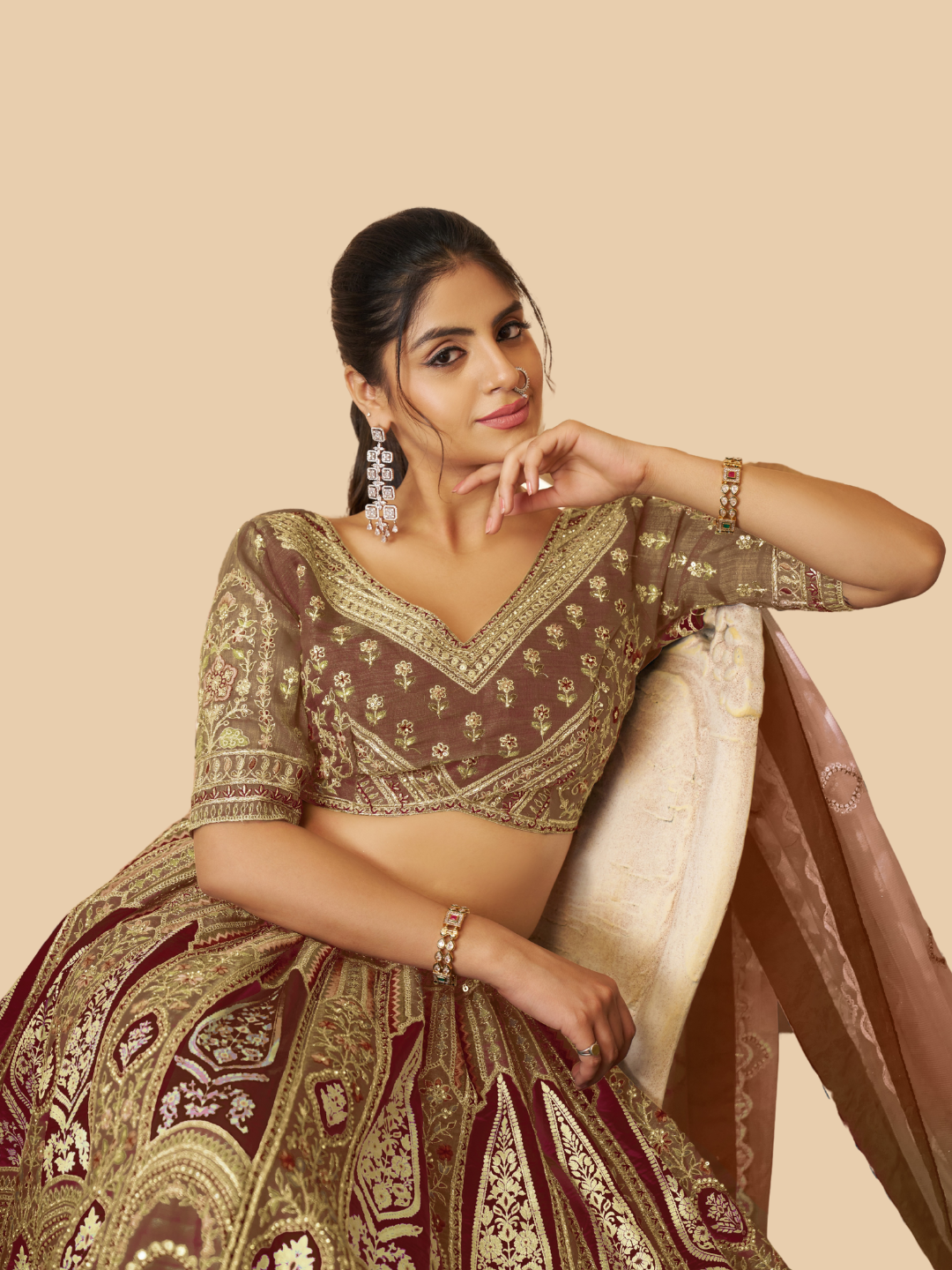 Rich coffee hue lehenga in Banarasi silk for a bold ethnic look