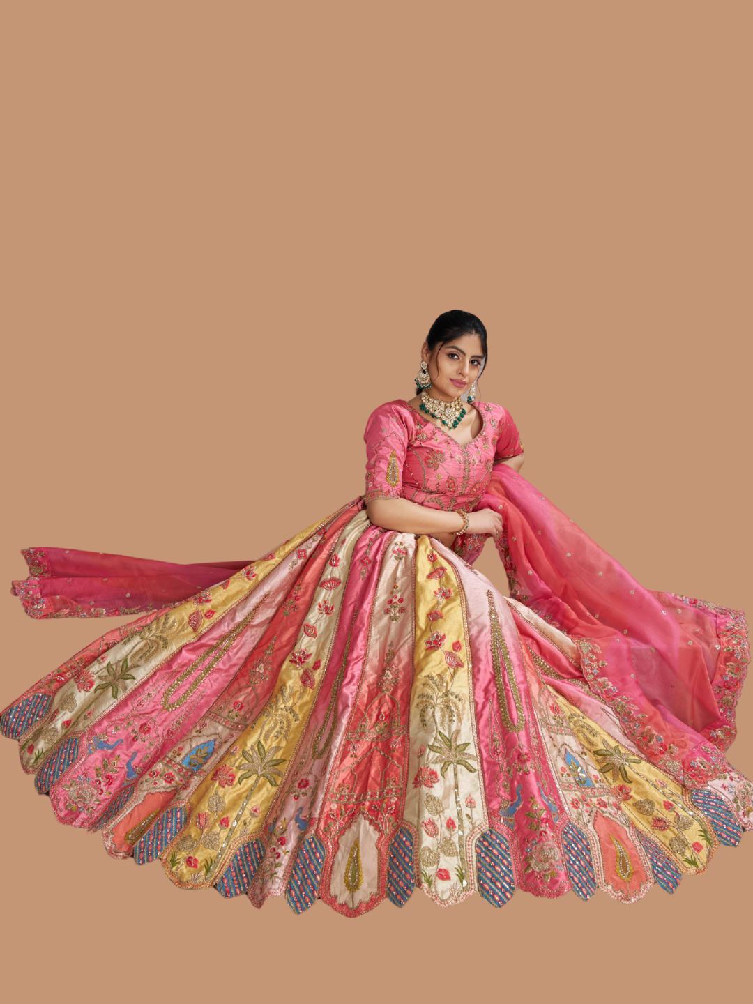 Pink Banarasi silk lehenga with organza dupatta for festive fusion