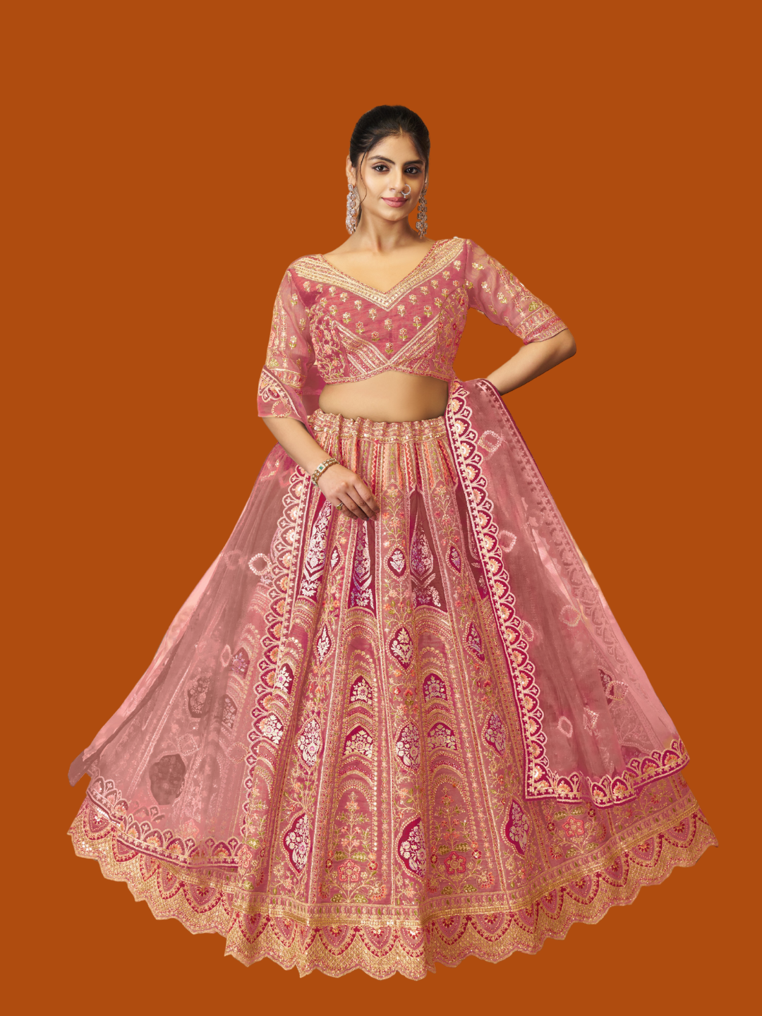 Elegant pink Banarasi silk lehenga for weddings and festive charm