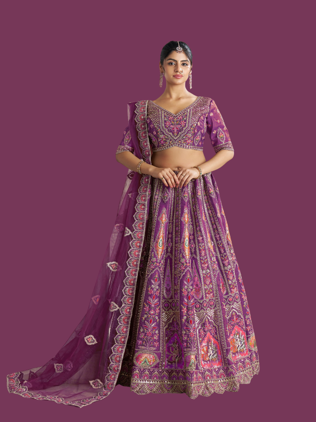 Royal purple lehenga in Banarasi silk for a majestic ethnic look