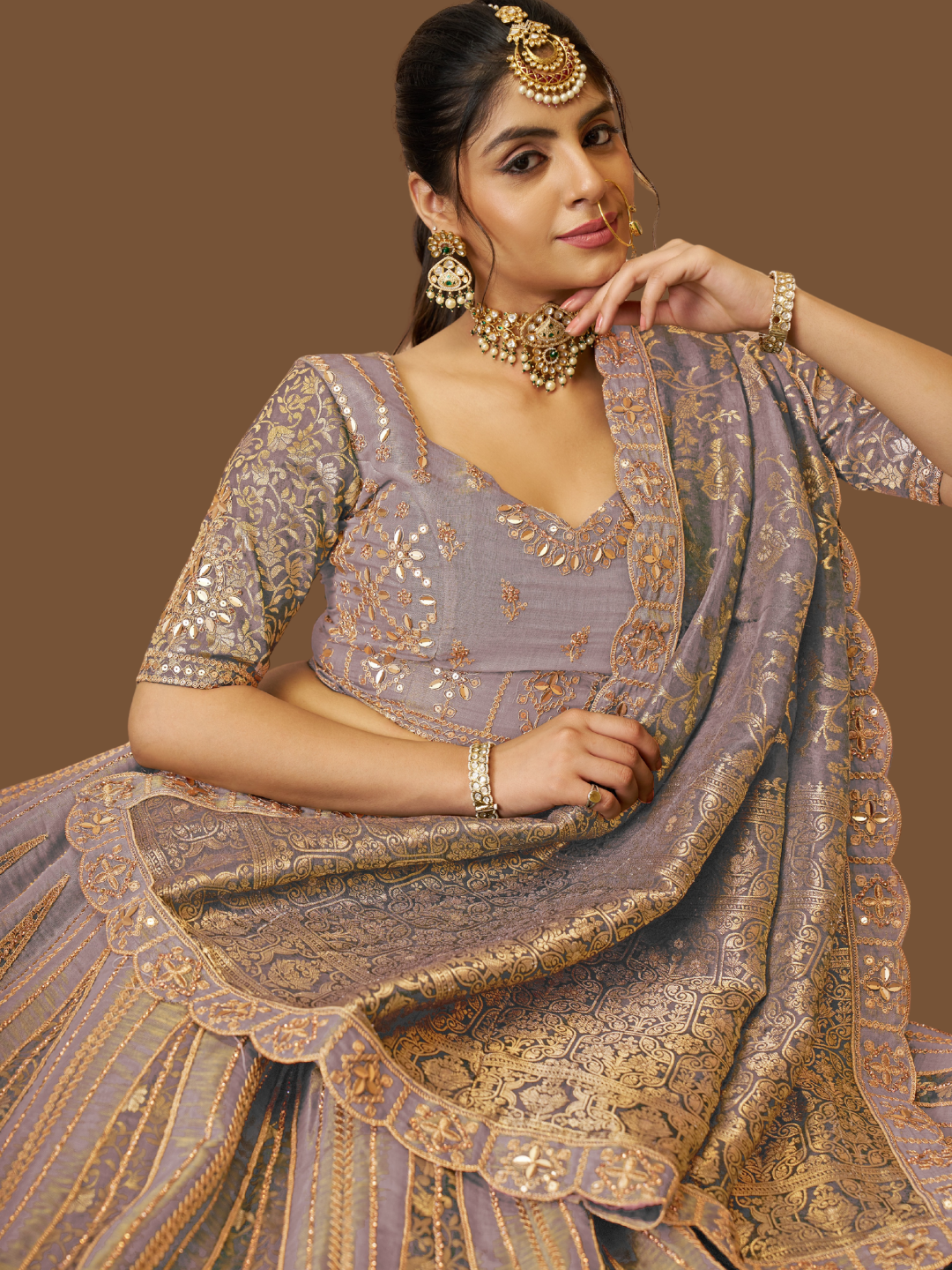 Onion pink bridal lehenga in net tissue with jacquard silk dupatta