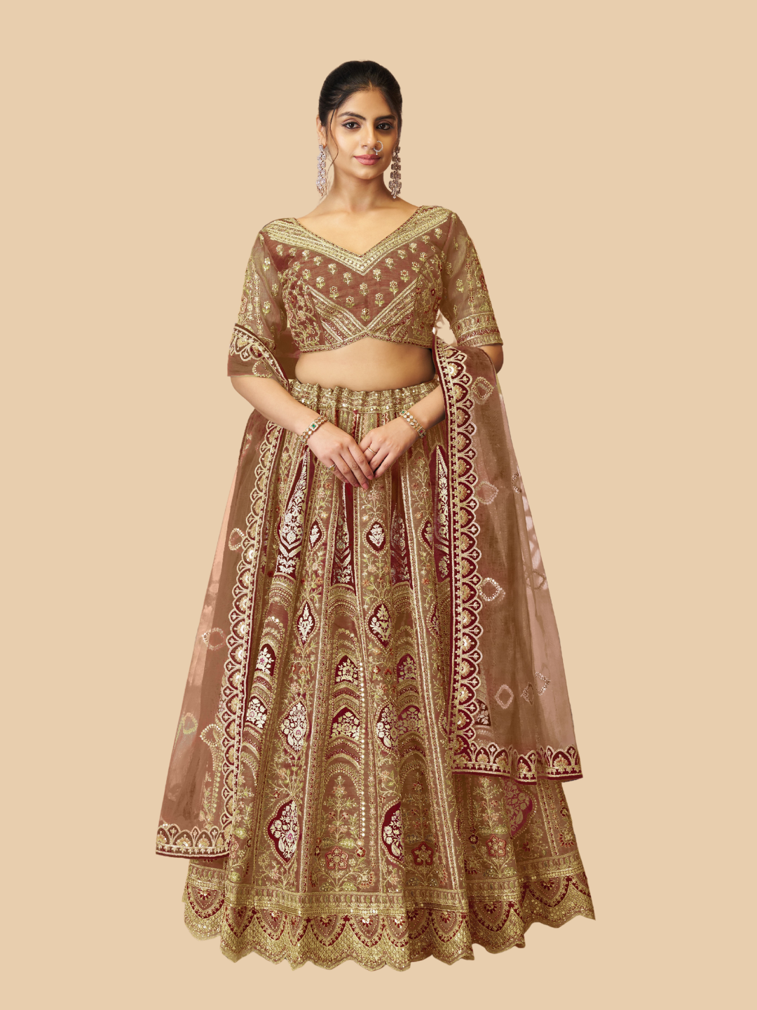 Rich coffee hue lehenga in Banarasi silk for a bold ethnic look