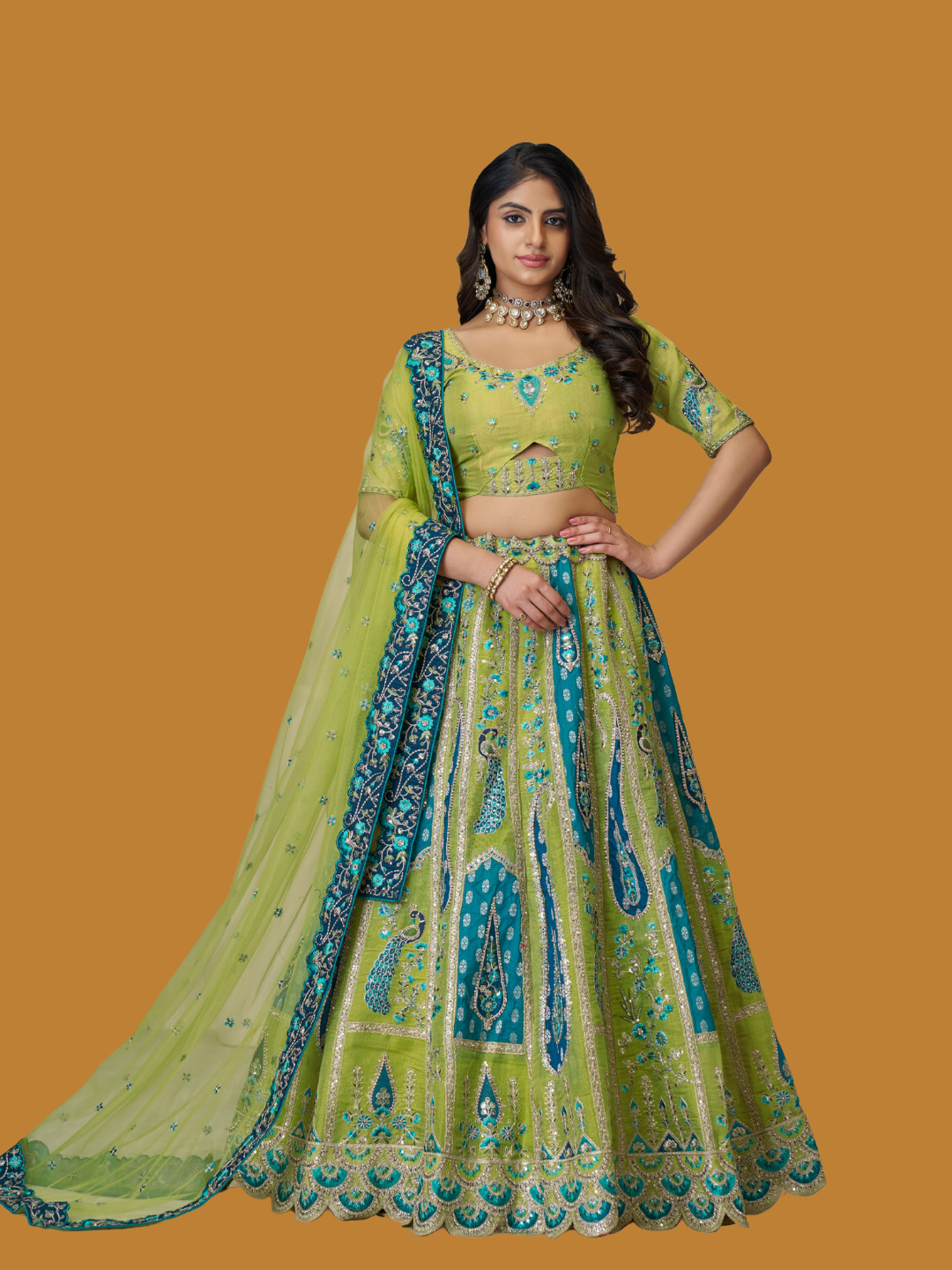 Fresh green Banarasi silk lehenga for vibrant ethnic style