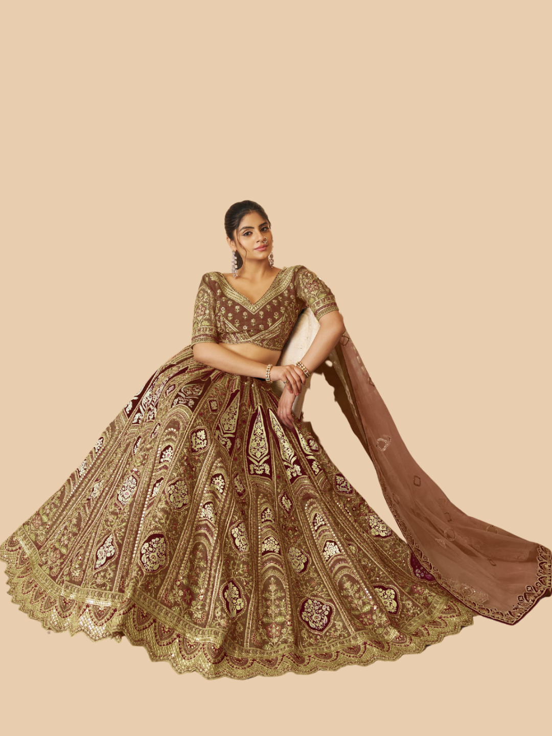 Rich coffee hue lehenga in Banarasi silk for a bold ethnic look