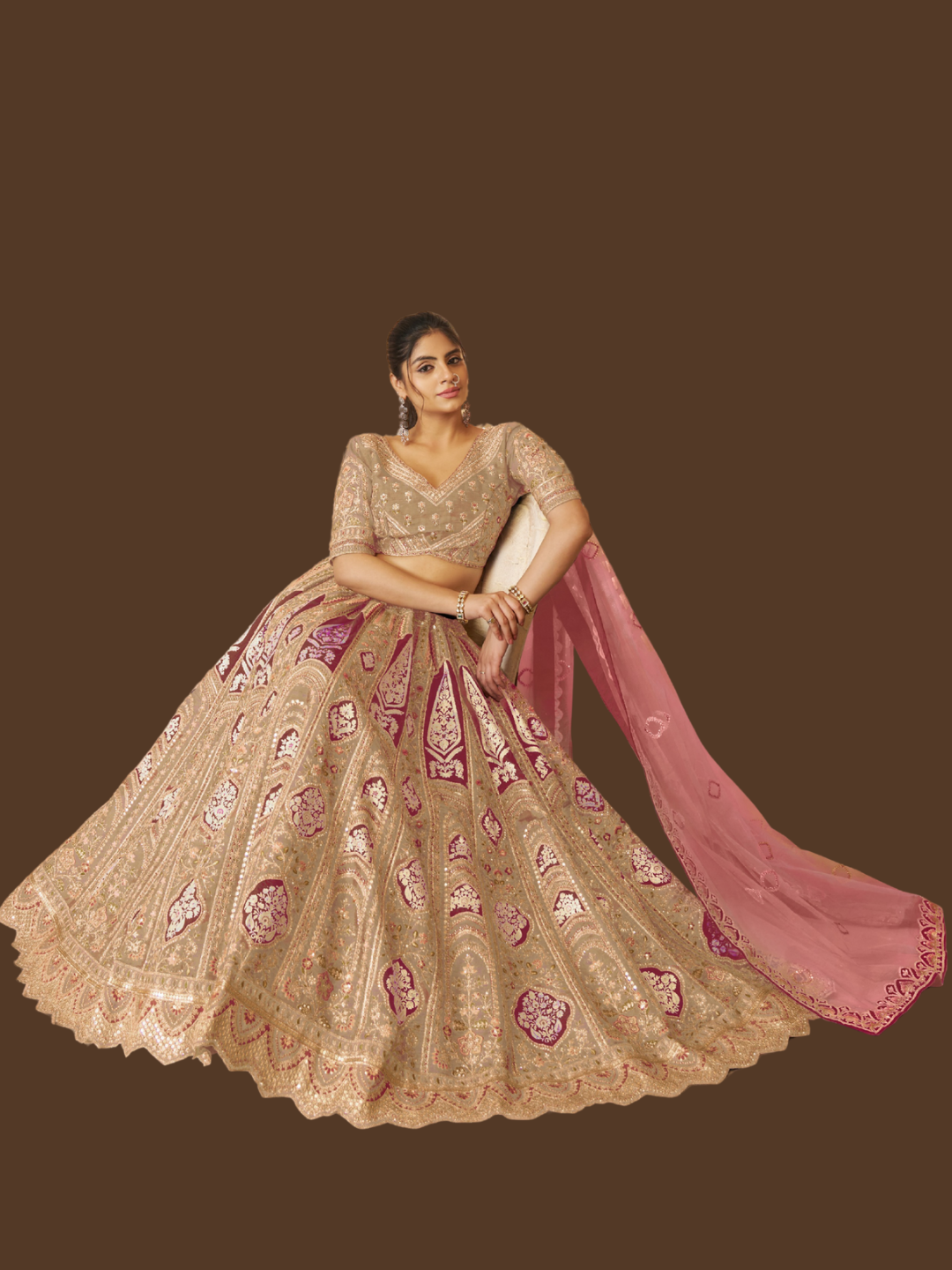 Subtle chiku tone lehenga with rich Banarasi silk elegance