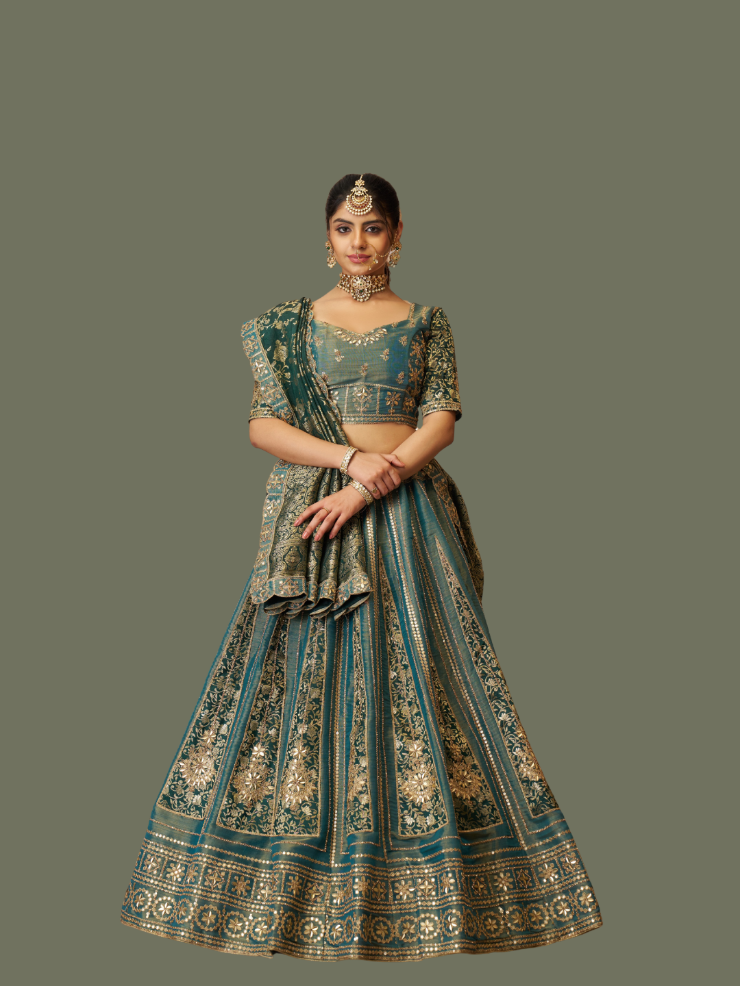 Green Bridal Net Tissue Lehenga with Jacquard Silk Dupatta