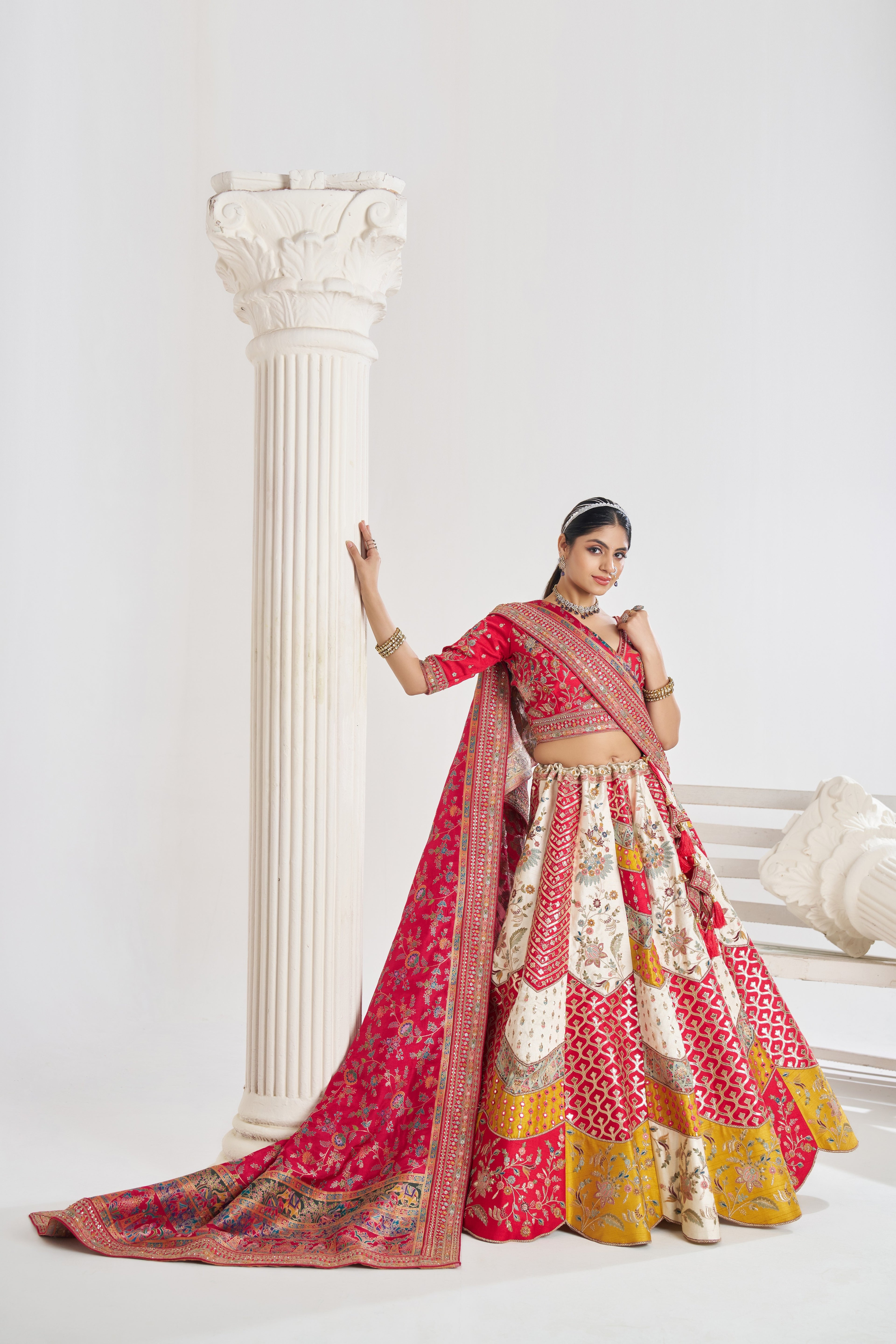 White Banarasi silk lehenga with jacquard dupatta for bridal elegance