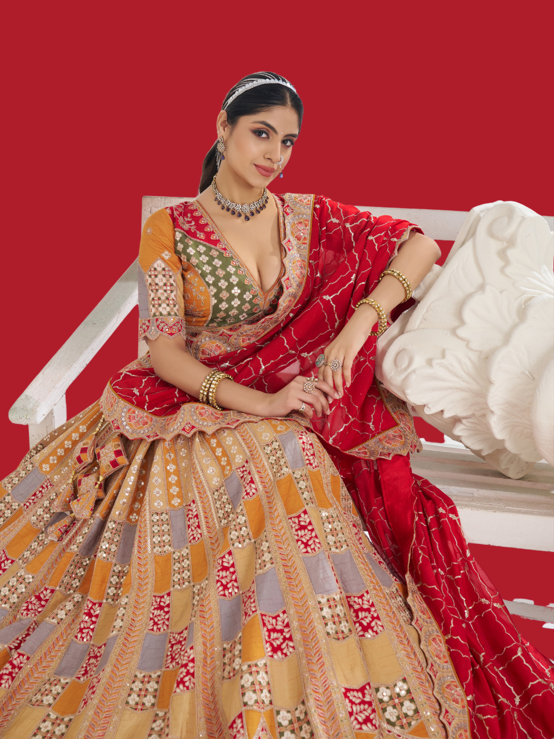 Mustard Dola silk lehenga with soft chinnon dupatta for festive grace