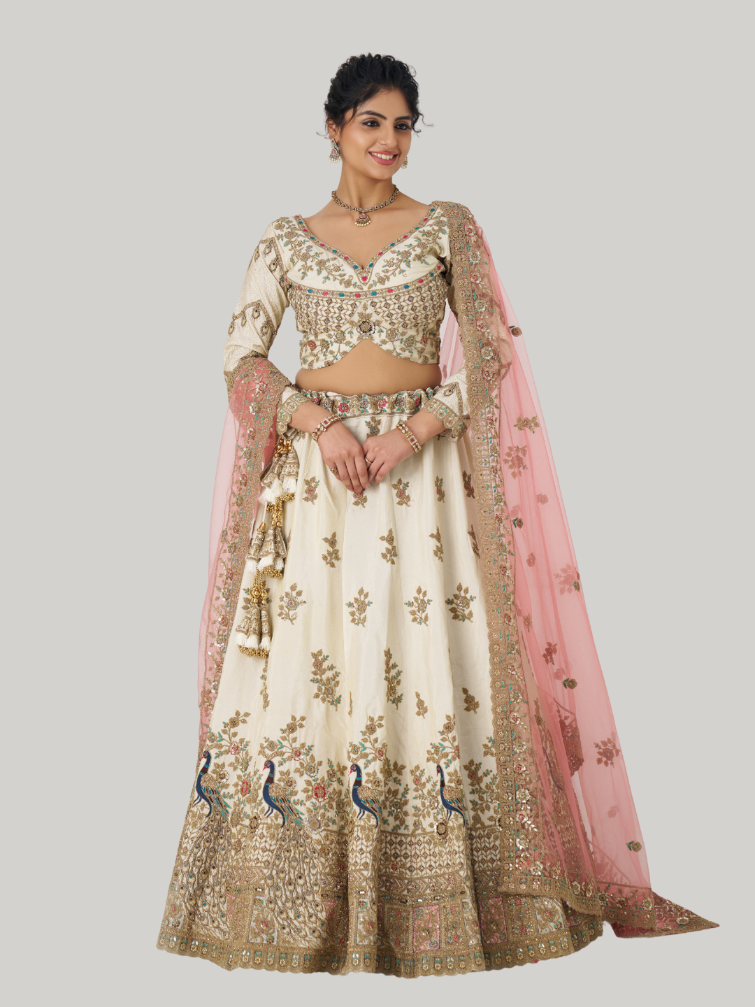 Classic white Zari silk lehenga for timeless bridal elegance