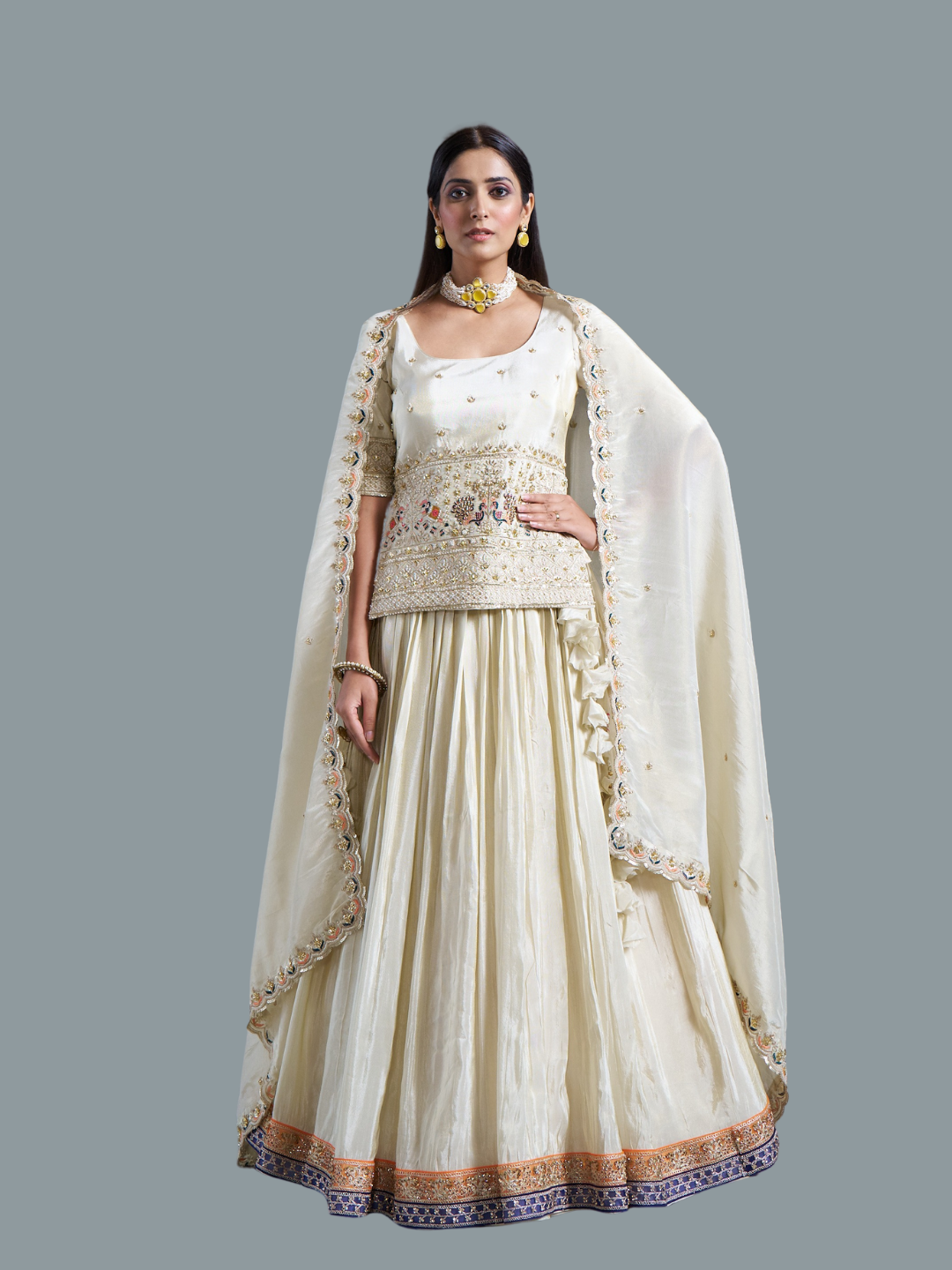 Pure Off-White Viscose Banarasi Tissue Lehenga Choli with Four-Side Embroidered Dupatta