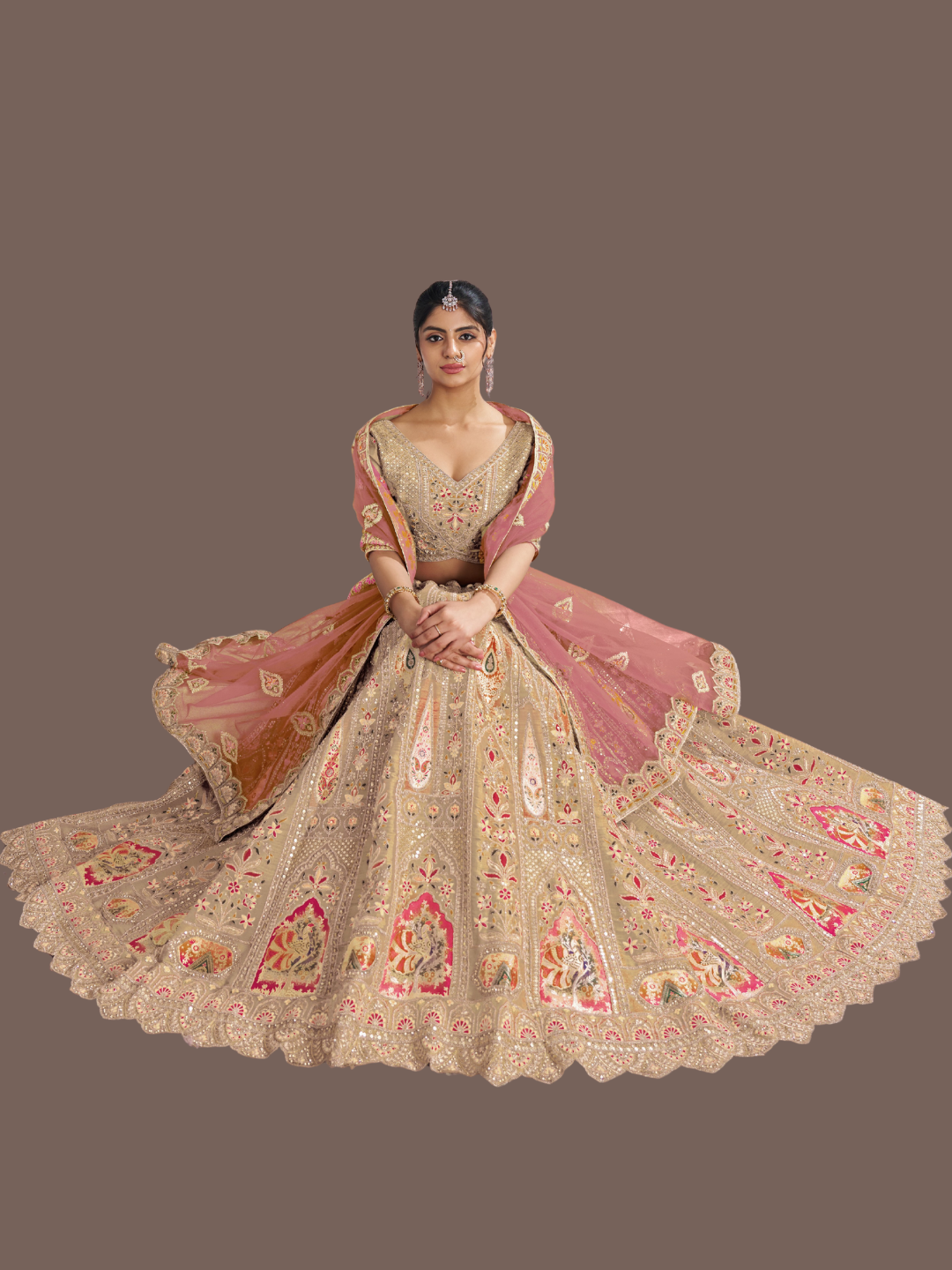 Graceful chiku lehenga in Banarasi silk for ethnic sophistication