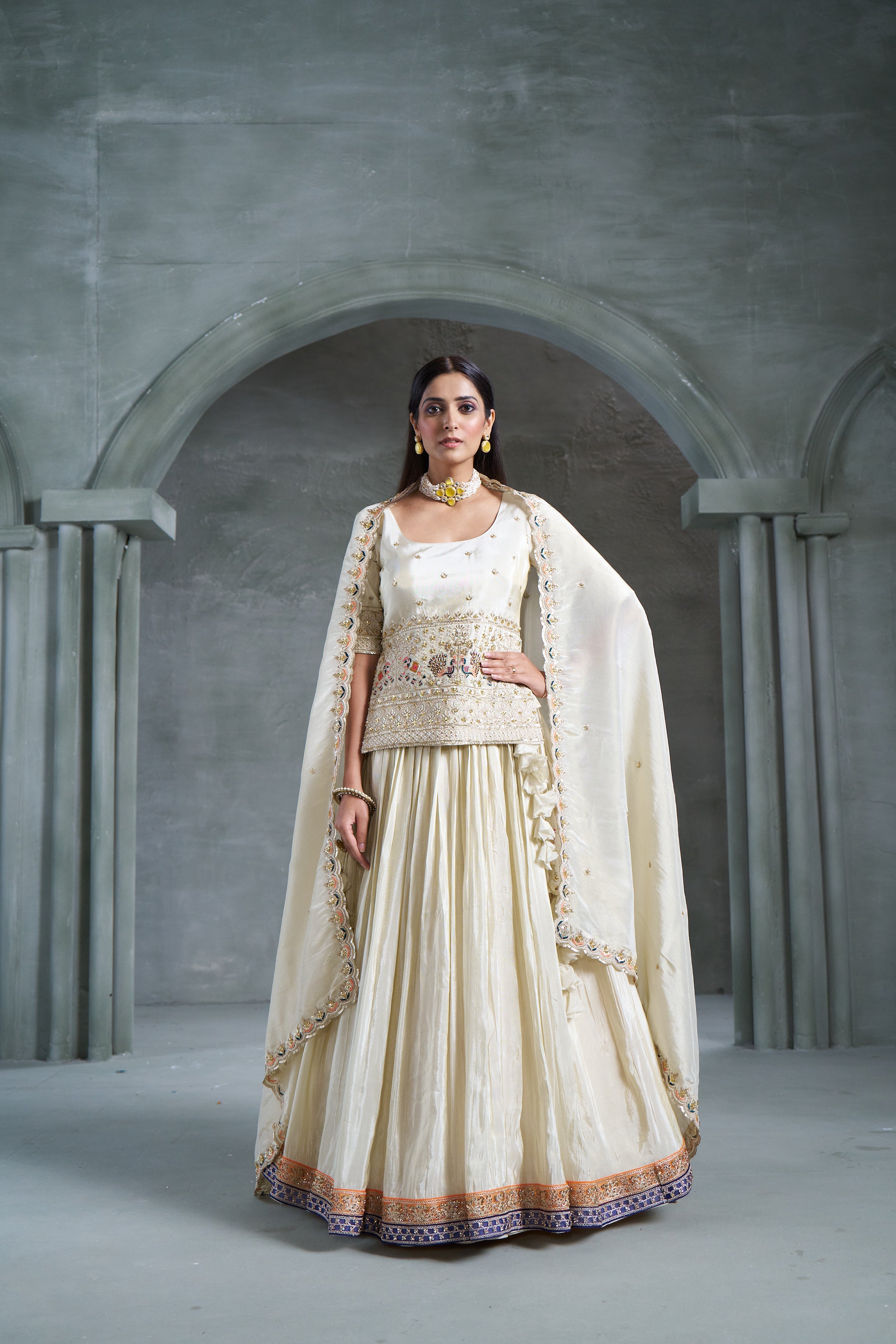 Pure Off-White Viscose Banarasi Tissue Lehenga Choli with Four-Side Embroidered Dupatta