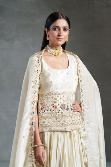 Pure Off-White Viscose Banarasi Tissue Lehenga Choli with Four-Side Embroidered Dupatta